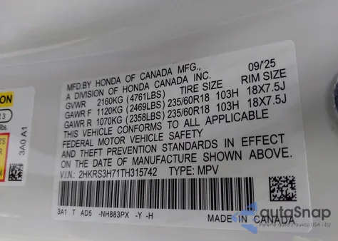 2026 Honda Cr-V Ex-L 2Wd из США, поврежденный, VIN 2HKRS3H71TH315742